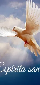 White dove flying in a blue sky with clouds, symbolizing spirituality and peace.