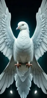 Majestic white dove with spread wings on a mobile wallpaper.