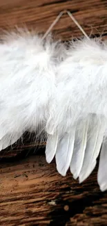 White feather wings on a rustic wooden background, creating an elegant wallpaper.