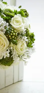 Elegant white roses and greenery wallpaper