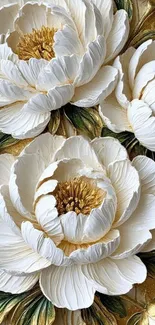 Elegant white floral wallpaper with golden accents featuring peonies.