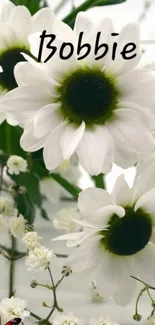 Elegant white daisies with dark centers and delicate floral accents.