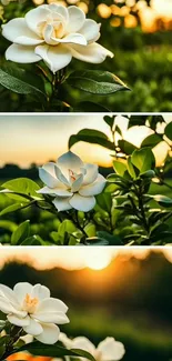 Trilogy of white flowers in lush green garden with sunset backdrop.