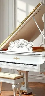 Elegant white grand piano in a sunlit classic room.