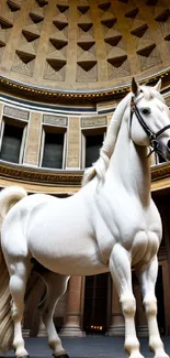 Majestic white horse in historical colonnade interior.