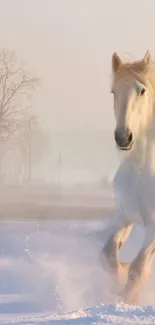 White horse running through a snowy landscape with a serene backdrop.