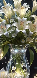 White lilies in a crystal vase with elegant arrangement.