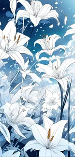 Elegant mobile wallpaper featuring white lilies on a blue background.