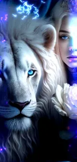 White lion and fairy with a rose, in magical blue tones.