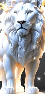 Elegant white lion sculpture with golden mane and sparkles.