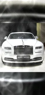 Elegant white luxury car with smoky ambiance.