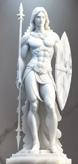 Elegant white marble statue with shield and spear.