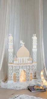 Elegant mosque decor with soft lighting and white-beige theme.