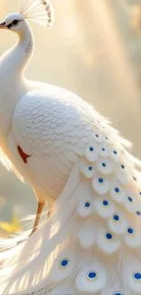 Elegant white peacock basking in soft sunlight with graceful feathers.
