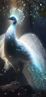 Elegant white peacock in mystical forest fantasy art.