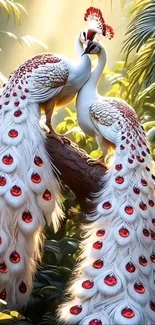 Elegant white peacocks with red accents in a forest setting.