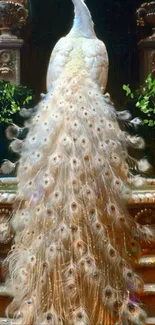 Elegant white peacock with beautiful feather display against a classical background.