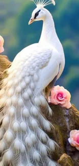 White peacock perched on rock with pink roses