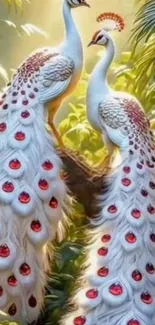 Elegant white peacocks with vibrant plumage in a lush, green natural setting.