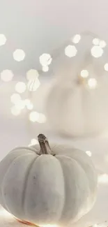 Minimalist wallpaper with white pumpkin and fairy lights.