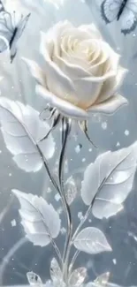 Digital art of a white rose with butterflies.