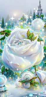 Fantasy art of glowing white roses against a serene nature backdrop.