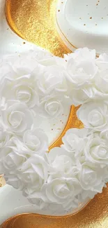 Heart-shaped white roses on gold and white background.