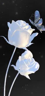 White roses and butterfly on black mobile wallpaper.