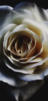 Elegant white rose with soft petals in dark background.