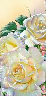 Elegant white roses and green leaves wallpaper with soft pastel background.