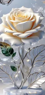 Elegant white rose with metallic leaves and butterflies on marble.