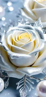 Elegant white rose with glossy petals and serene background.