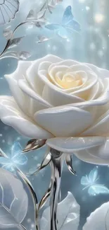 Elegant white rose with butterflies in a serene setting.