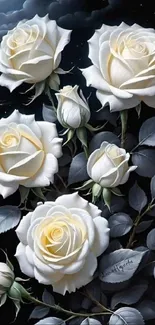 Elegant wallpaper of glowing white roses on a dark background.