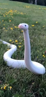 White snake in meadow with yellow flowers and green grass.