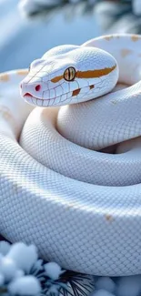 Elegant white snake coiled on frosty branches in serene winter setting.