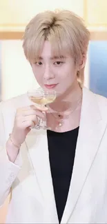 Person in white suit holding a glass, exuding an elegant and sophisticated style.