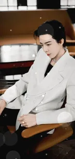 Elegant portrait of a person in a white suit sitting gracefully.