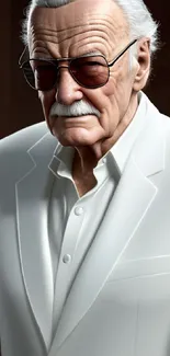 Distinguished figure in white suit with sunglasses, elegant style portrait.