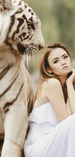 White tiger beside a woman in a serene outdoor setting.