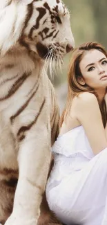 White tiger and woman in white dress, nature wallpaper.