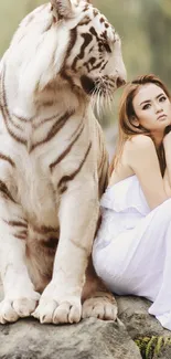 Woman in white with a white tiger on rocks, natural background.