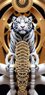 White tiger with golden ornament design mobile wallpaper.