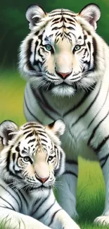 Two white tigers in a lush green setting.