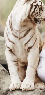 White tiger on rocks with serene expression.