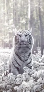 Majestic white tiger in a serene forest setting.