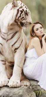 White tiger and woman sitting on rocks in a serene natural setting.