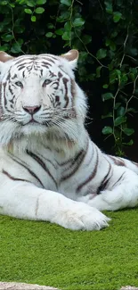 Majestic white tiger resting on green grass, surrounded by lush foliage.