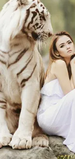 White tiger with a serene woman in an elegant nature setting.