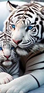 White tiger and cub with blue eyes on soft pillow.